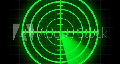 Green radar screen with concentric circles and grid on animation black . Glowing green concentric radar circles rotate across a dark animated grid, creating a high-tech scanning visual effect.