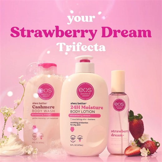 Smell like a strawberry daydream. Strawberry Dream body wash, lotion mist for juicy scent soft skin. | eos