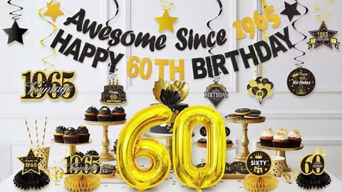 Black Gold 60th Birthday Decorations for Men Women, Vintage 1965 Happy 60th Birthday Party Banner Backdrop，60 Bday Balloons Honeycomb Centerpiece Hanging Swirl Sign Supplies(Pre-Strung)