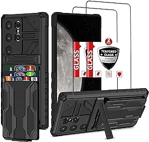 Wallet Case for Samsung Galaxy S24 Ultra with Card Holder, Military Grade Shockproof Samsung S24 Ultra Case with Tempered Glass Screen Protector [2 Pack], Built-in Phone Kickstand, Black