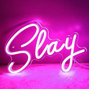 SYLHOME Pink Slay LED Neon Light Sign Bar Man Cave Game Room Wall Decor USB | Cool Boys Girls Bedroom Game Room Wall Decor Neon Light Sign Club Pub Bar Game Center Birthday Decor, Night Light, 11.8"X8"