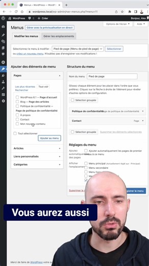 Maîtrisez les menus WordPress en 60 secondes ! 🔥 Vous galérez avec vos menus de navigation ? Ce tuto express va tout changer ! Découvrez LA méthode simple pour organiser vos menus comme un pro. ✨ Dans cette vidéo : • Création d'un menu principal étape par étape • Ajout de pages, catégories et liens personnalisés • Organisation avec sous-menus déroulants • Gestion des emplacements de menus 💡 Ce que vous allez maîtriser : → Menu principal impeccable → Navigation intuitive pour vos visiteurs → Er