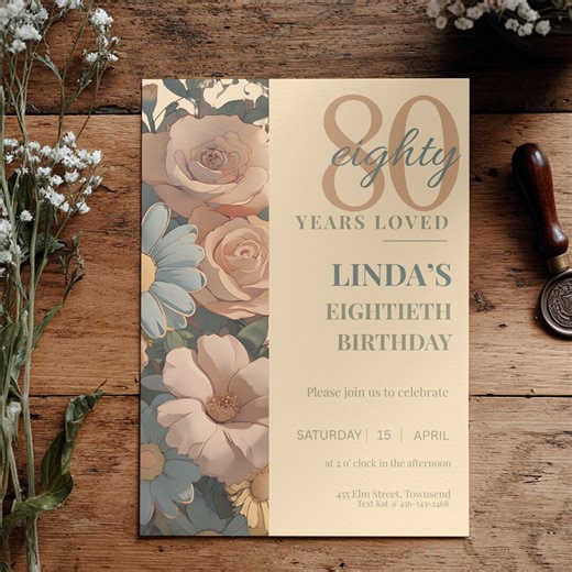 80th Birthday Invitation Template Editable | 80 Years Loved Invite | Elegant 80th Birthday Party Invitation | Editable Canva Template