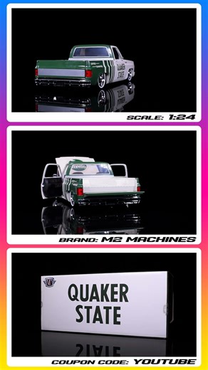1973 Chevy Cheyenne 10 Pickup Truck Quaker State Beige/Green 1/24 Diecast Model Car | M2 Machines 4K
