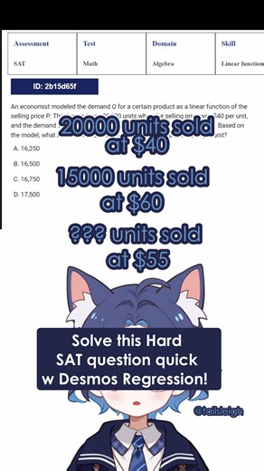 Tailsleigh Test Prep on Instagram: "Desmos Solves Another Tough SAT Problems under 30sec! 🐾 Discover how to use regression for linear modeling questions! 🐾 🌐Follow me on YouTube, TikTok and Facebook for more SAT content! @Tailsleigh 💬 DM or email: tailsleigh@gmail.com for 1:1 SAT Math tutoring & coaching! 📚 Personalized support for your prep journey! #SAT #examstress #CollegeBoard #practicemakesperfect #StudentLife #exam #SATPrep #sattest #sat2026 #sat #te