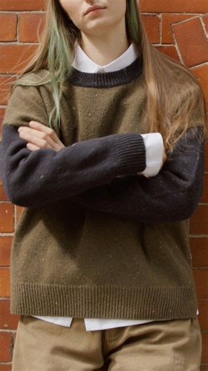 168K views | Our classic boucle knit jumper is crafted from a sustainable wool mix, offering the signature slouchy, boxy silhouette with a fresh twist. Designed with contrasting sleeves and neckline, it features a speckled fleck texture throughout and finishes with a softly unbalanced hemline and subtle Olive tab at the seam. The fit is relaxed and easygoing, ideal for effortless layering. | Olive | Facebook