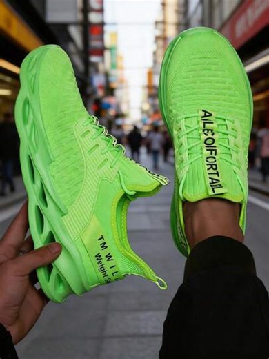 Men's Modern Neon Green Sneakers With Textured Knit Design And Flexible EVA Outsole For All-Day Comfort | SHEIN