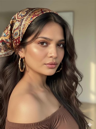 Savage beauty Prompt Create a hyperrealistic editorial close-up portrait of a stunning young woman with rich skin and long, voluminous, wavy black hair. She wears a large, colorful silk scarf wrapped around her head, with elaborate patterns in shades of red, gold, and blue. Her makeup is skillfully blended with warm tones and subtle contours.curled lashes, her head is slightly turned over her shoulder, and her intense gaze is to the side, creating a sense of intrigue and quiet self-confidence. S