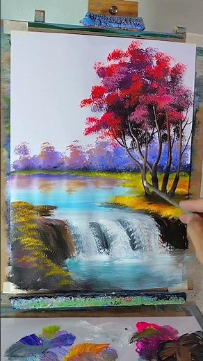 Pink Leaf Tree by a Beautiful Waterfall | Fast Painting Process Short