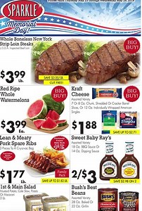 🇺🇸 Get your Memorial Day fixings this week at Sparkle! Starting Thursday (May 23), find deals on: 🌭 MAINS - Whole Boneless New York Strip Loin Steaks ($3.99/lb.) - Lean & Meaty Pork Spare Ribs ($1.77/lb.) - Fresh 73% Ground Beef ($2.99/lb.) - Sparkle Jumbo All Meat Franks ($1.29) - Ball Park Patties ($5.99) - Chicken Drumsticks or Thighs (99¢/lb.) 🌽 SIDES - Red Ripe Whole Watermelons ($3.99/ea.) - 1st & Main Salad ($2.99/ea.) - Bush's Best Beans ($1.78) - Fresh Super Sweet Corn (10 ears/$2.9