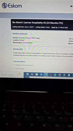 Apply online for the Eskom hospitality Learnership #careergoals #hospitality #hotel #catering #tourism