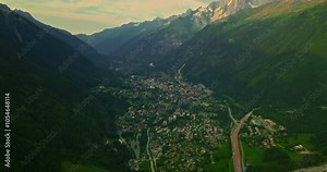 Drone Shot of Chamonix. Chamonix-Mont-Blanc is a resort town in France near the border with Switzerland and Italy. It is located at the foot of Mont Blanc, the highest peak in the Alps