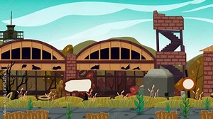 Looped apocaliptyc landscape animation with abandoned hangars, cartoon scene for games