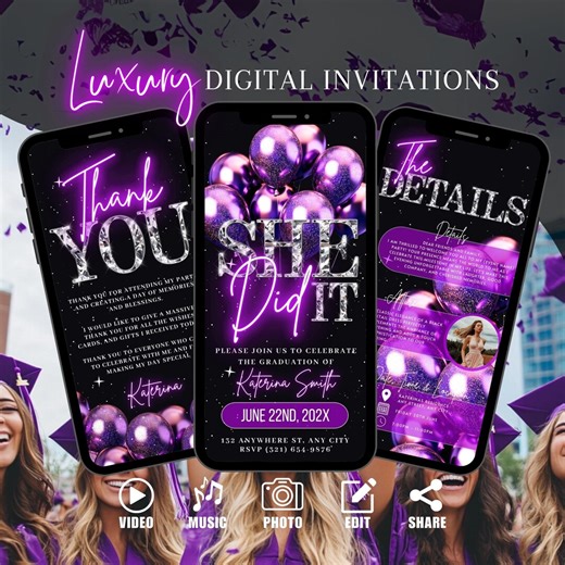 She Did It Graduation Invitation, Purple Class of 2026 Digital Ecard, Modern High School & College Graduation Invite, Editable Template - Etsy