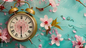 Spring time, spring ahead, time, time passing, hours, wall clock spinning animation through the hours on a spring time themed background