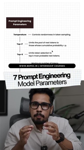 Rajeev Kanth - Agentic AI | Data Science | Gen AI on Instagram: "7 Prompt Engineering Model Parameters ✅To get a job in AI/Gen AI/ML/DA/DE/Data Science, One must build a portfolio. 📌 To Build Portfolio Join BEPEC Career Transition Programs with Paid/Unpaid Internship Programs 💼 To speak with the mentor on Instagram @meet_kanth About BEPEC Career Transition Program: 📲 One-on-One roadmap discussion with the mentor before the program 🔔 Our Career Transition Program on AI / Gen AI / ML / Data Sc
