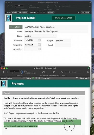 FileMaker AI demo: Paste text from an email, AI interprets it and updates fields in your DB