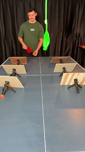 Ping pong trick shot through moving obstacles into tiny cup
