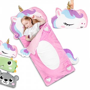 Primlect Sleeping Bag, 61" x 27" Plush Nap Mat with Pillow, Cozy Slumber Bag for Sleepovers, Pink