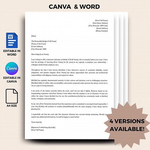 Court Character Reference Letter Template, Editable Character Letter for Judge, Canva and Word Format, Legal Support Letter, Judicial Letter - Etsy