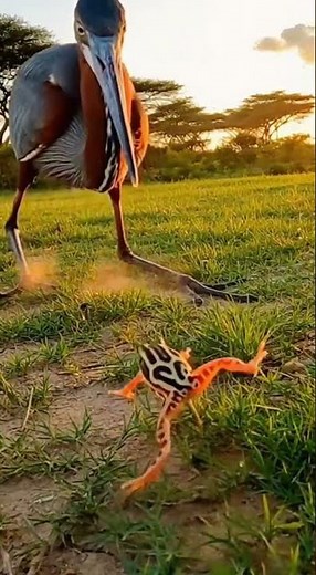 Goliath Heron vs Painted Reed Frog on the a spring-fed grassy glade beside an acacia grove