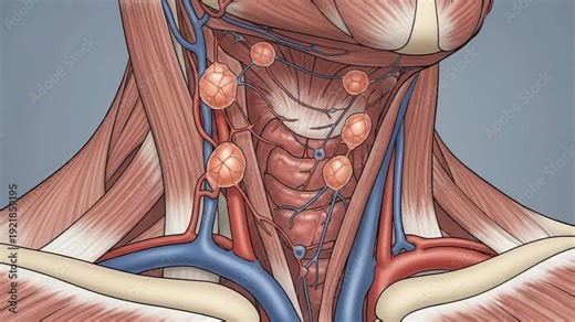 Human neck anatomy, detailed medical illustration, highlighting enlarged lymph nodes, indicating infection, inflammation, or lymphatic system pathology