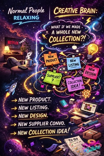 Normal people relaxing. Creative brains: “What if we made a whole new collection though?” 😂♾️ #CreativeBrain #SmallBusinessOwner #EntrepreneurLife #CreativeCulture