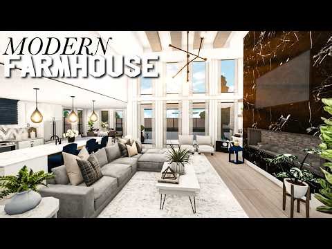 BLOXBURG: Modern Farmhouse Mansion (high ceiling living room) Bloxburg House Build Speedbuild