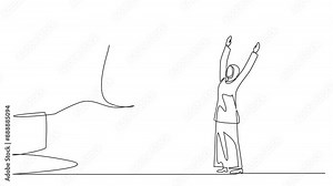 Self drawing animation of single continuous line drawing Arabian businesswoman excited to get roll of stamped paper from the giant hand. Important announcement. Brilliant career. Full length animated