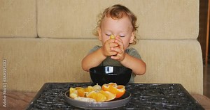 Picking up orange slice, baby boy eagerly squeezes it with both hands, trying his best to extract fresh juice. His young and not-so-skilled hands make juicing process less efficient