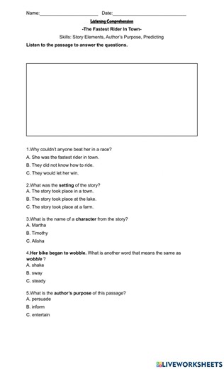 Author's Purpose, Predicting, Story Elements worksheet