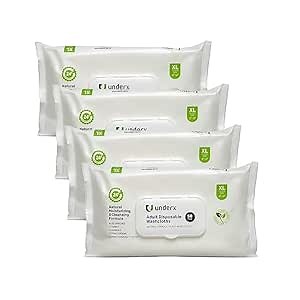 Underx Disposable Washcloths - Body Cleansing Wipes for Adults - Enriched with Aloe Vera, Chamomile & Vitamin E -Soft, Absorbent and Strong - Toilet Wipes Flushable - XL 8” x12” (Pack of 4)