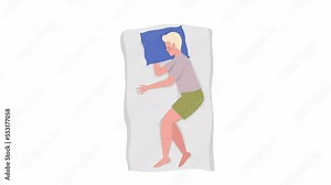Animated sleeping on side character. Relaxed rest at nighttime. Full body flat person on white background with alpha channel transparency. Colorful cartoon style HD video footage for animation