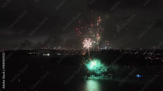 New Year eve Sydney city and Manly fireworks over Manly bay and Harbour in Australia.