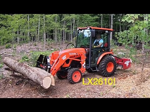 #311 Kubota LX2610 compact tractor. Skidding Ash logs for firewood. Landpride PFL1242 pallet forks.
