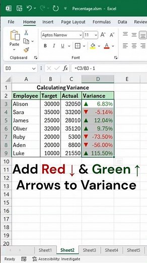 Calculate Variance Percentage with Green Up & Red Down Arrows in Excel #excelwithbrainbell #excel
