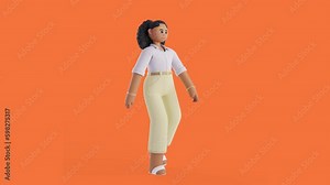 3D character loop animation with orange background, black female walking