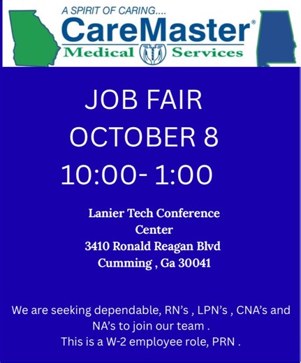 Looking for employment! Attend the upcoming job fair at Lanier Tech Conference Center This Wednesday from 10:00- 1. | CareMaster Medical Services
