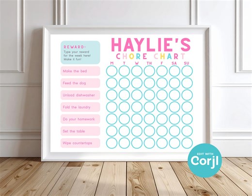 Girls Editable Chore Chart Printable | Responsibility & Reward Chart for Kids | Editable Corjl Template | Instant Download PDF JPG - Etsy