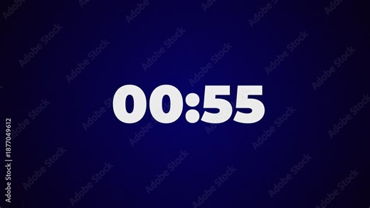 Animated countdown numbers from 01:00 to 0:00. Waiting time, one minute time, 60 seconds count down on navy blue background.