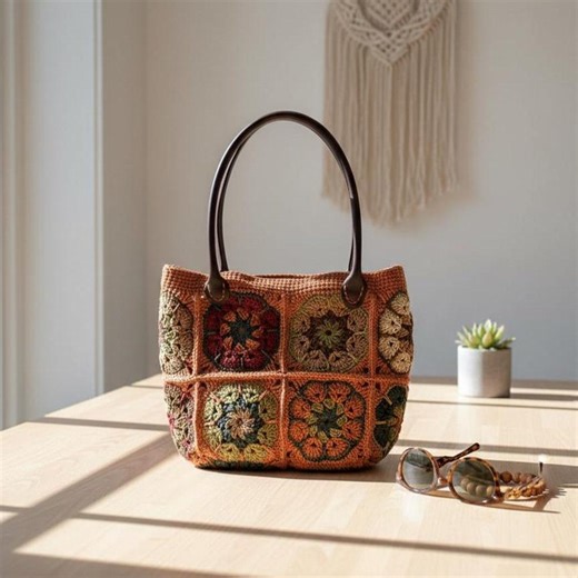 Handmade Pattern Desing Crochet Granny Square Tote Bag, Faux Leather Handles - Etsy