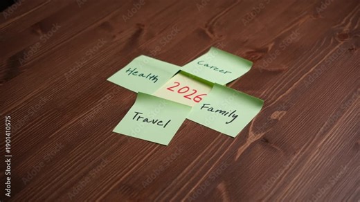 Tabletop concept video of sticky notes showing life goals like health, family and travel for future planning in 2026