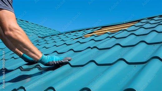 Man installing skylight on roof. Roofer positioning transparent panel in tiled structure. Home construction and renovation sequence for building maintenance.