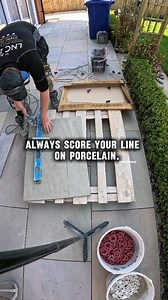 Cutting a porcelain tile without any chips ⚒️⚒️ The Indian porcelain is well known for chiping when cutting it, scoring the line first will eliminate almost all of that 🙌 #landscaping #patio #work #howto #tips #diy #fypシ | LNC Landscapes and Paving