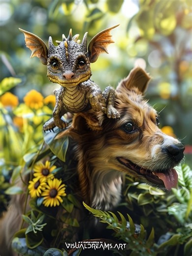 The world is a big place when you're a dragon no larger than a sunflower, but with a brave hound by your side, every forest floor is a realm of wonder - a playground where destiny and playfulness meet. This unlikely duo reminds us that the fiercest loyalty doesn't always come from size, but from the simple joy of a shared afternoon. May their journey be long and their belly rubs plenty. | VisualDreams.art - Dragons & Fantasy Creatures - AI