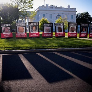 Mugshot-style posters showing arrested immigrants outside White House
