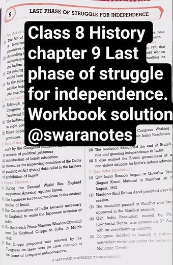 Class 8 History Chapter 8 Last Phase of struggle for independence workbook solution @swaranotes