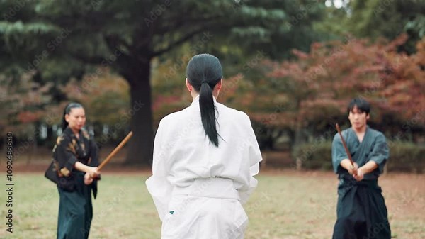Bamboo, sword and teaching with Japanese people in forest for martial arts exercise or training together. Class, fitness and Sensei with Samurai group outdoor in nature for practice or technique