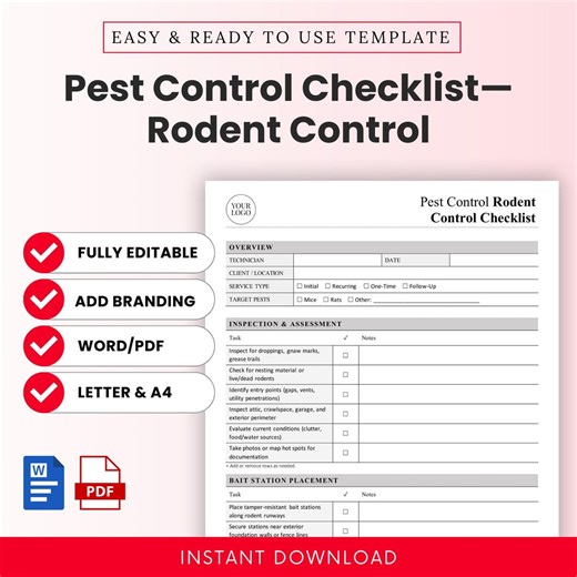 Pest Control Rodent Control Checklist Template - Word & PDF, A4   US Letter - Etsy