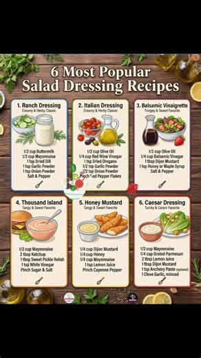 🥗 6 MOST POPULAR SALAD DRESSING RECIPES 🥛 1. Ranch Dressing Creamy, herby, and classic. Whisk together 1/2 cup buttermilk, 1/2 cup mayonnaise, 1 tsp dried dill, 1 tsp garlic powder, 1 tsp onion powder, salt, and pepper until smooth. Chill before serving. 🍅 2. Italian Dressing Light, zesty, and herb-forward. Whisk 1/2 cup olive oil, 1/4 cup red wine vinegar, 1 tsp dried oregano, 1/2 tsp garlic powder, 1/2 tsp onion powder, and a pinch of red pepper flakes. Season to taste. 🍓 3. Balsamic Vinai